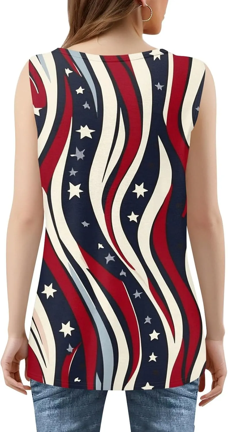 Red White and Blue Tank Top Women Pleated Square Neck Sleeveless Tops Loose Fit Curved Hem Flowy American Flag Shirt