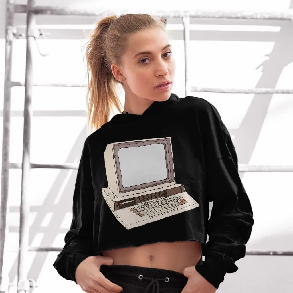 Retro Computer Women's Cropped Fleece Hoodie - Vintage Cropped Hoodie for Women - Graphic Hooded Sweatshirt