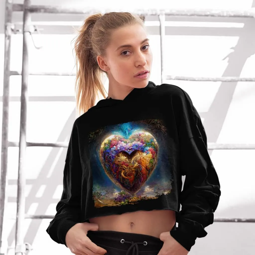 Romantic Women's Cropped Fleece Hoodie - Heart Cropped Hoodie for Women - Colorful Art Hooded Sweatshirt