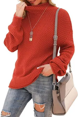 RONGTAI Women's Chunky Knit Turtleneck Pullover Oversized Turtleneck Sweater Oversized Batwing Sleeve Sweater