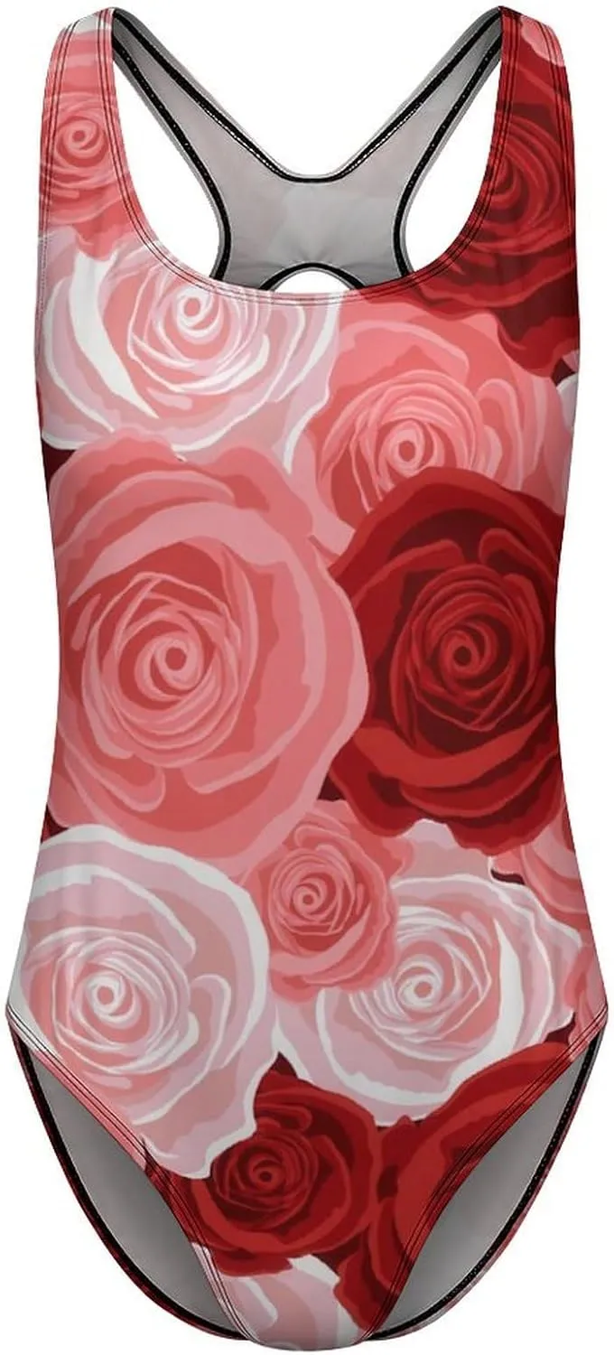 Rose Bouquet Lady 1 Piece Swimwear Criss Cross Back Scoop Neck Sweet Tummy Control Swimsuits