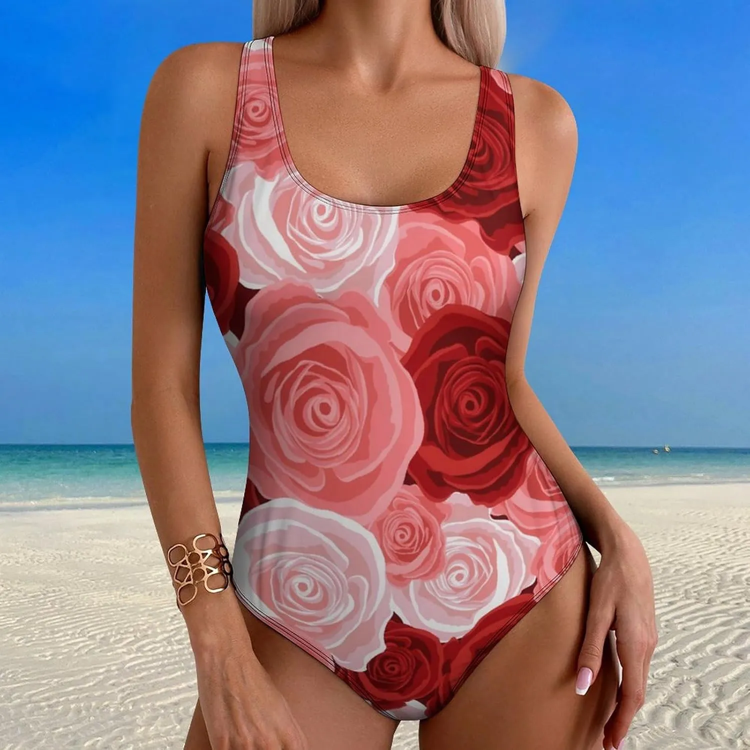 Rose Bouquet Lady 1 Piece Swimwear Criss Cross Back Scoop Neck Sweet Tummy Control Swimsuits