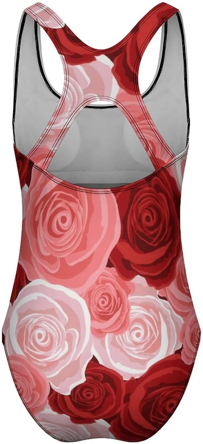 Rose Bouquet Lady 1 Piece Swimwear Criss Cross Back Scoop Neck Sweet Tummy Control Swimsuits