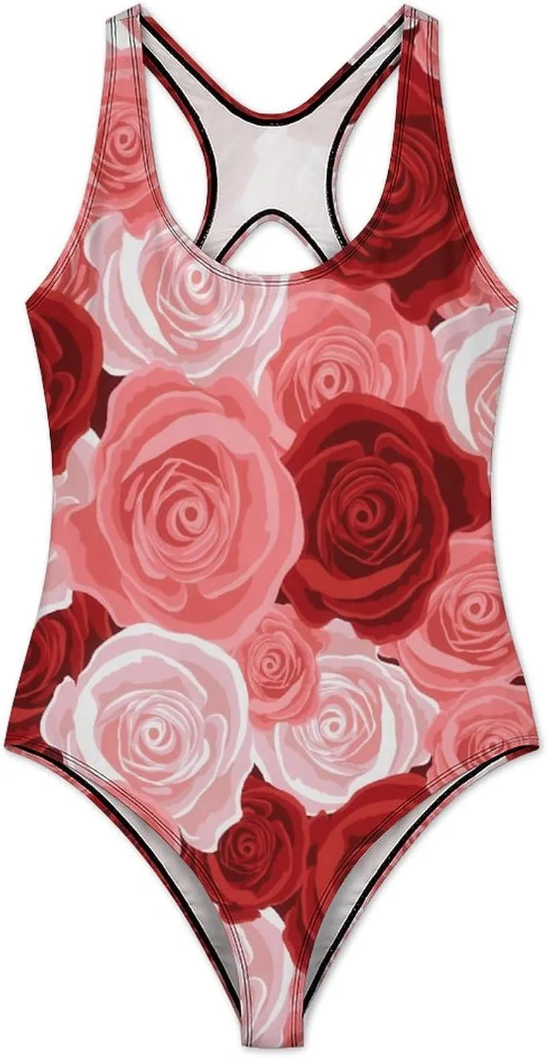 Rose Bouquet Lady 1 Piece Swimwear Criss Cross Back Scoop Neck Sweet Tummy Control Swimsuits
