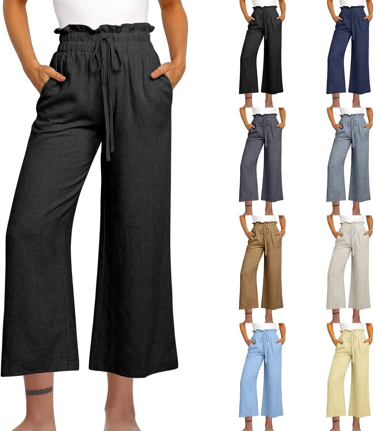 Ruffle High Waist Casual Pants for Women Solid Color Loose Wide Leg Trousers Lightweight Comfy Cotton and Linen Pants