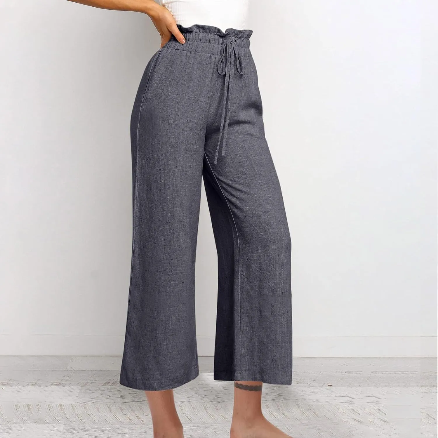 Ruffle High Waist Casual Pants for Women Solid Color Loose Wide Leg Trousers Lightweight Comfy Cotton and Linen Pants