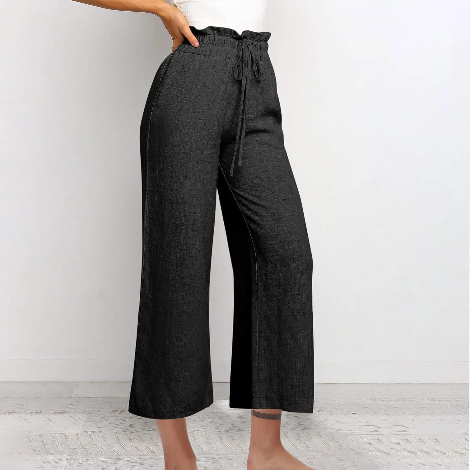 Ruffle High Waist Casual Pants for Women Solid Color Loose Wide Leg Trousers Lightweight Comfy Cotton and Linen Pants