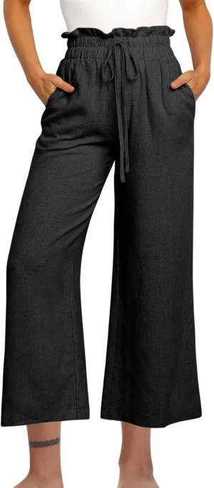 Ruffle High Waist Casual Pants for Women Solid Color Loose Wide Leg Trousers Lightweight Comfy Cotton and Linen Pants