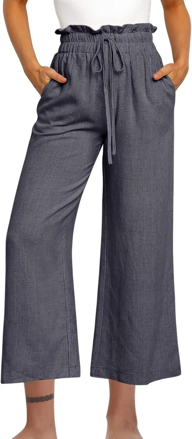 Ruffle High Waist Casual Pants for Women Solid Color Loose Wide Leg Trousers Lightweight Comfy Cotton and Linen Pants