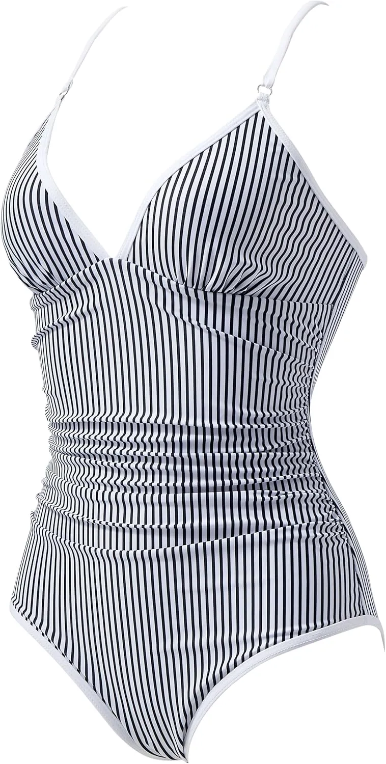 RXRXCOCO Womens One Piece Swimsuits Tummy Control Criss Cross Back Color Block V Neck Bathing Suit