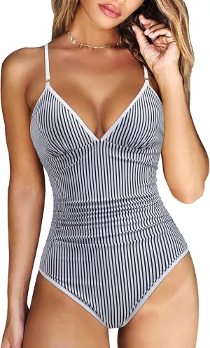 RXRXCOCO Womens One Piece Swimsuits Tummy Control Criss Cross Back Color Block V Neck Bathing Suit