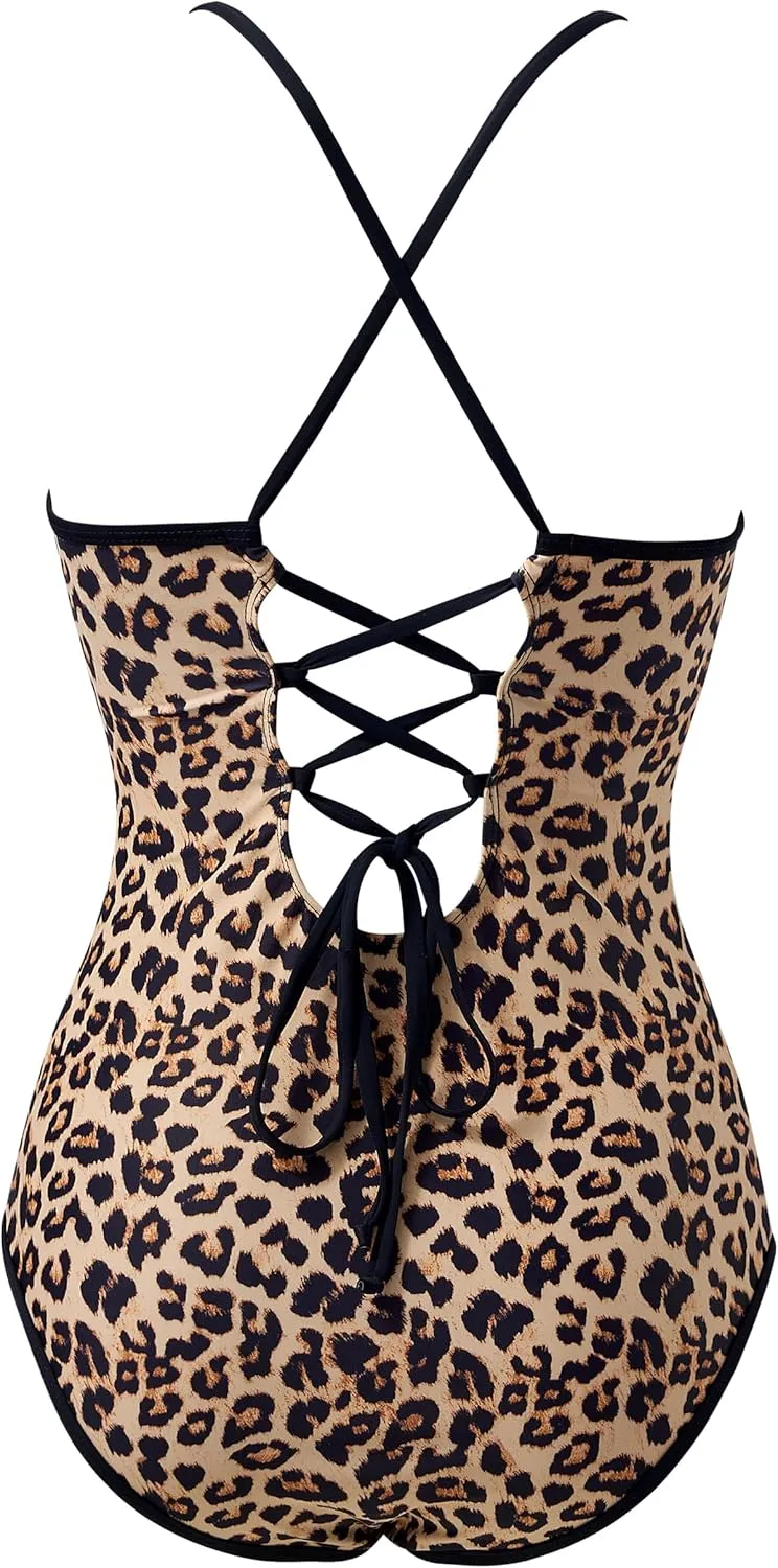 RXRXCOCO Womens One Piece Swimsuits Tummy Control Criss Cross Back Color Block V Neck Bathing Suit