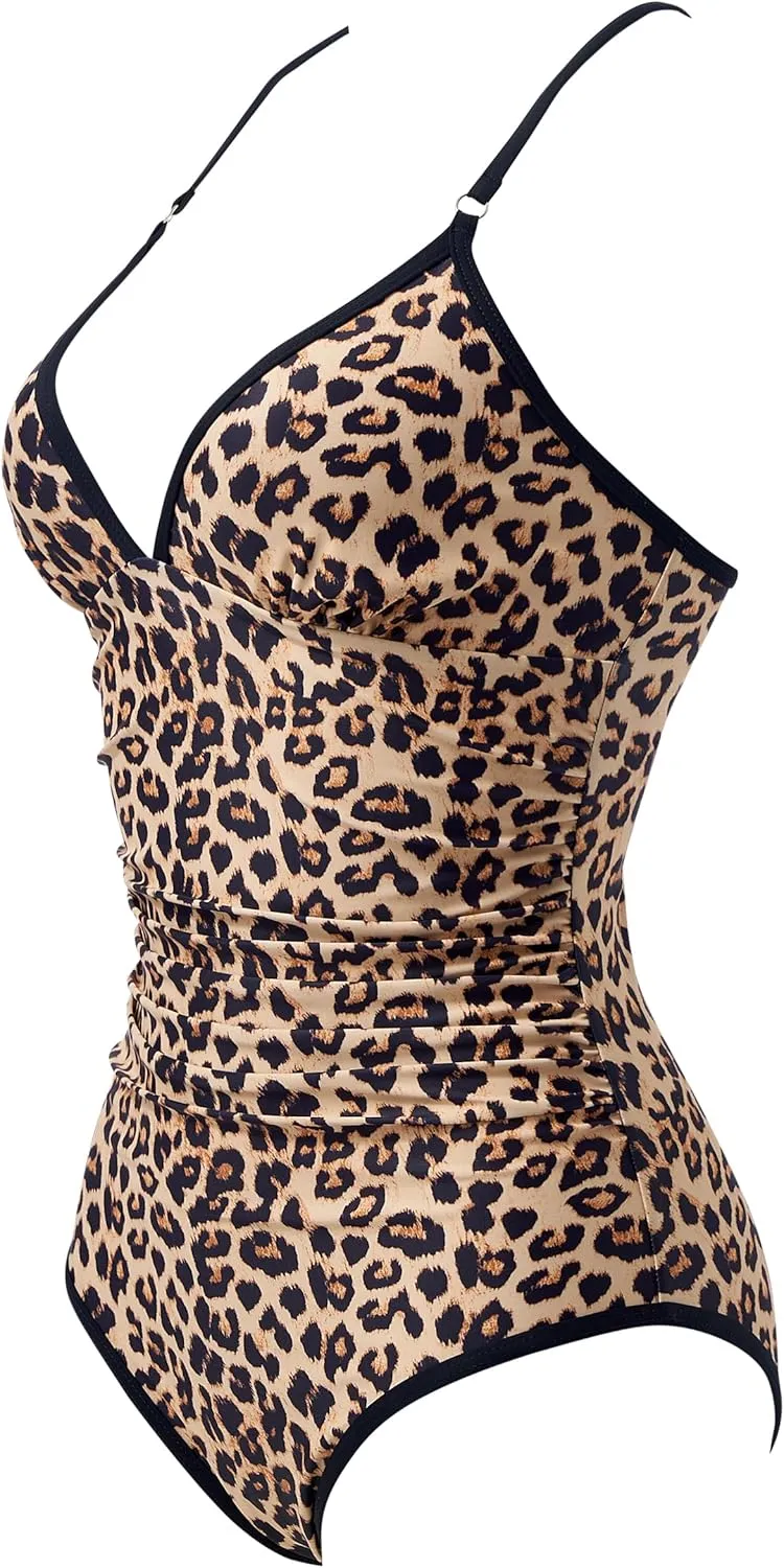 RXRXCOCO Womens One Piece Swimsuits Tummy Control Criss Cross Back Color Block V Neck Bathing Suit