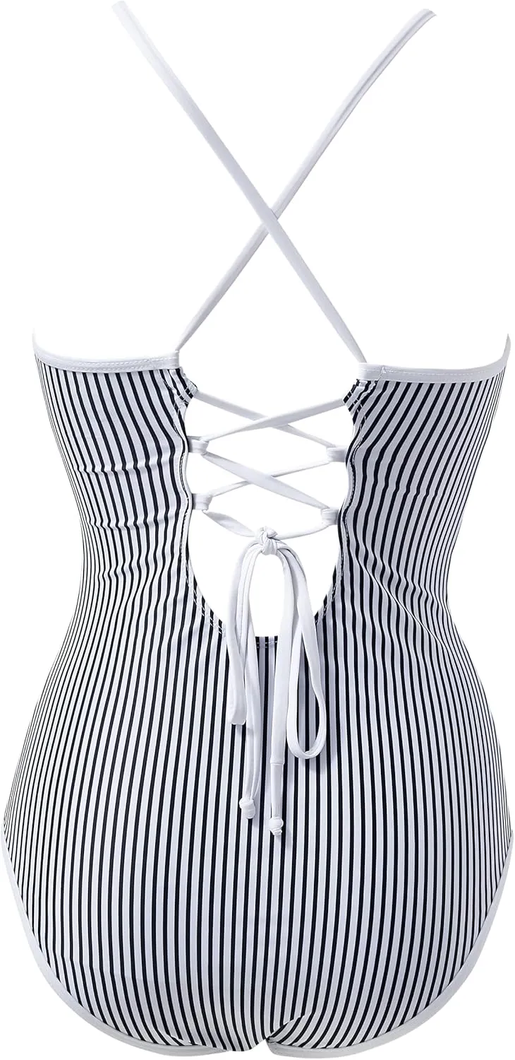 RXRXCOCO Womens One Piece Swimsuits Tummy Control Criss Cross Back Color Block V Neck Bathing Suit