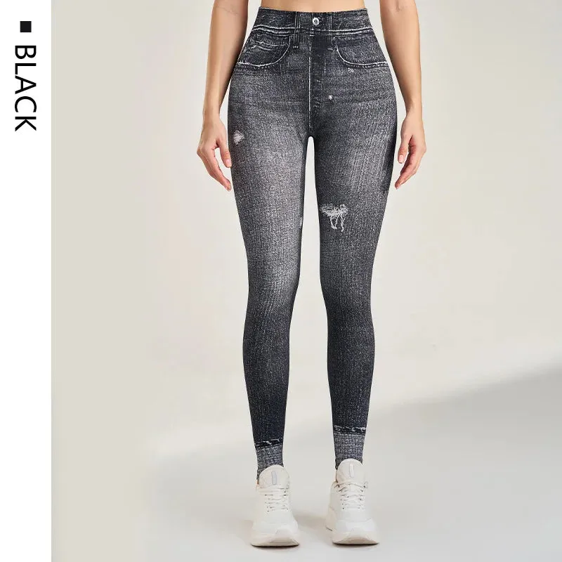 Seamless Knit Yoga Leggings - Soft Fake Denim Stretch Fitness Pants for Women, Ankle-Length, Comfortable & Stylish