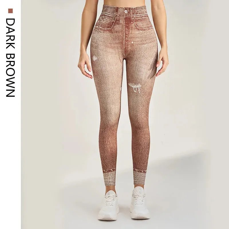 Seamless Knit Yoga Leggings - Soft Fake Denim Stretch Fitness Pants for Women, Ankle-Length, Comfortable & Stylish