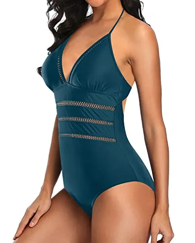 Sexy Hollow Out Crochet Lace One Piece Swimsuit-Teal