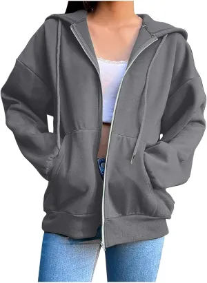 SHAOBGE Womens Zip Up Hoodies Long Sleeve Fall Oversized Sweatshirts Fleece Y2K Jacket with Pockets 2024 Fashion Clothes