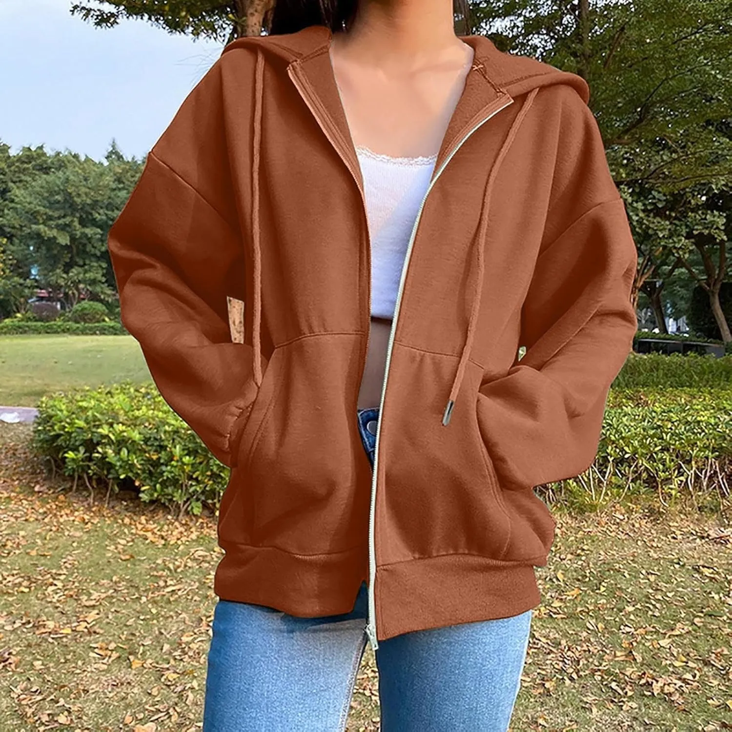 SHAOBGE Womens Zip Up Hoodies Long Sleeve Fall Oversized Sweatshirts Fleece Y2K Jacket with Pockets 2024 Fashion Clothes