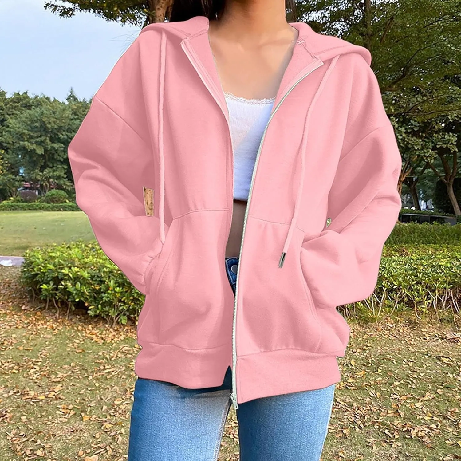 SHAOBGE Womens Zip Up Hoodies Long Sleeve Fall Oversized Sweatshirts Fleece Y2K Jacket with Pockets 2024 Fashion Clothes