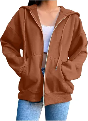 SHAOBGE Womens Zip Up Hoodies Long Sleeve Fall Oversized Sweatshirts Fleece Y2K Jacket with Pockets 2024 Fashion Clothes
