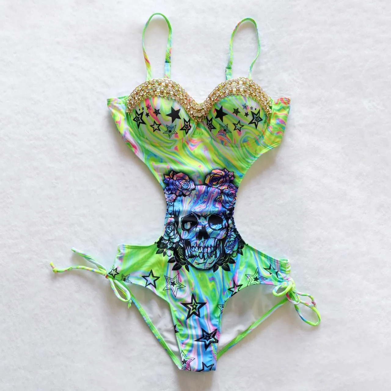 Skull And Rose Sexy Crystal One Piece Swimwear For Summer