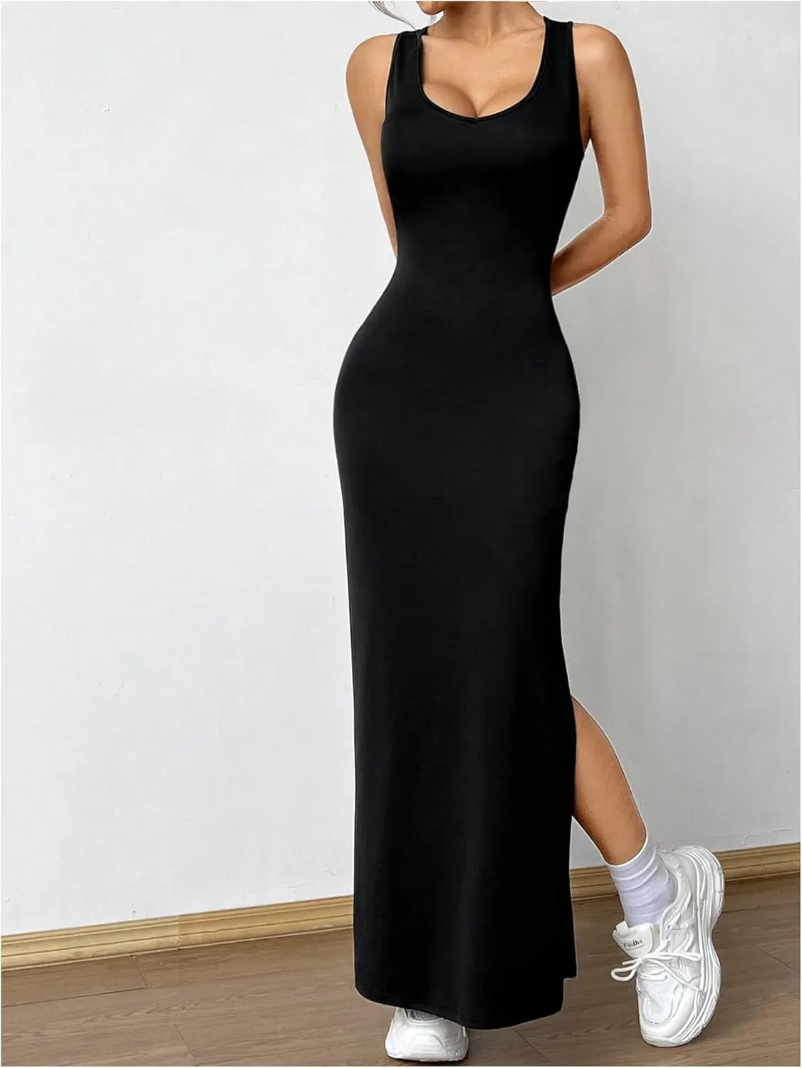 SOLY HUX Women's Criss Cross Back Tank Bodycon Dress Slit Side Sleeveless Scoop Neck Long Dresses