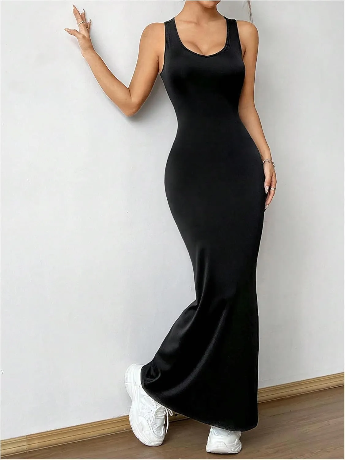 SOLY HUX Women's Criss Cross Back Tank Bodycon Dress Slit Side Sleeveless Scoop Neck Long Dresses