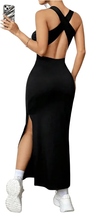 SOLY HUX Women's Criss Cross Back Tank Bodycon Dress Slit Side Sleeveless Scoop Neck Long Dresses