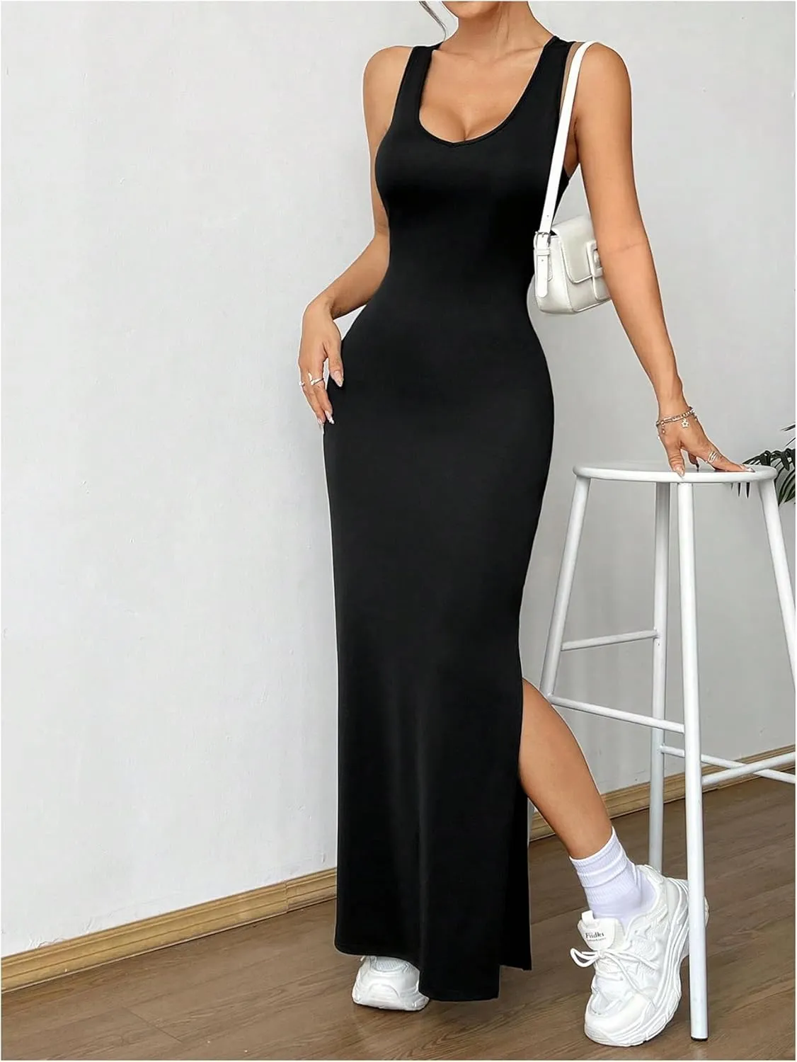 SOLY HUX Women's Criss Cross Back Tank Bodycon Dress Slit Side Sleeveless Scoop Neck Long Dresses