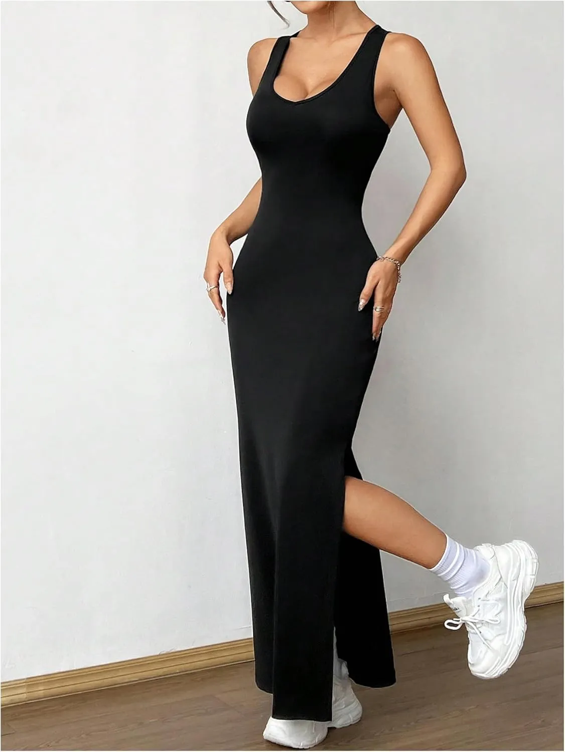 SOLY HUX Women's Criss Cross Back Tank Bodycon Dress Slit Side Sleeveless Scoop Neck Long Dresses