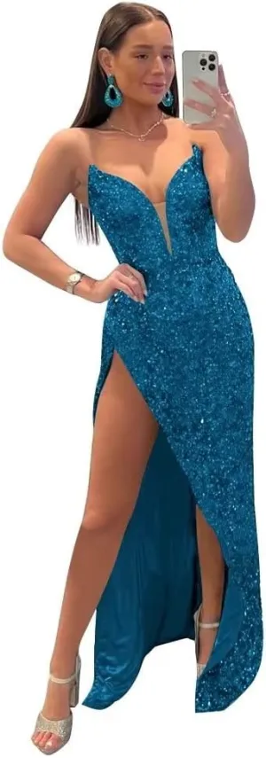 Sparkly Sequin Prom Dresses for Women Long Fitted with Split Cross Back Bodycon Fromal Evening Gowns