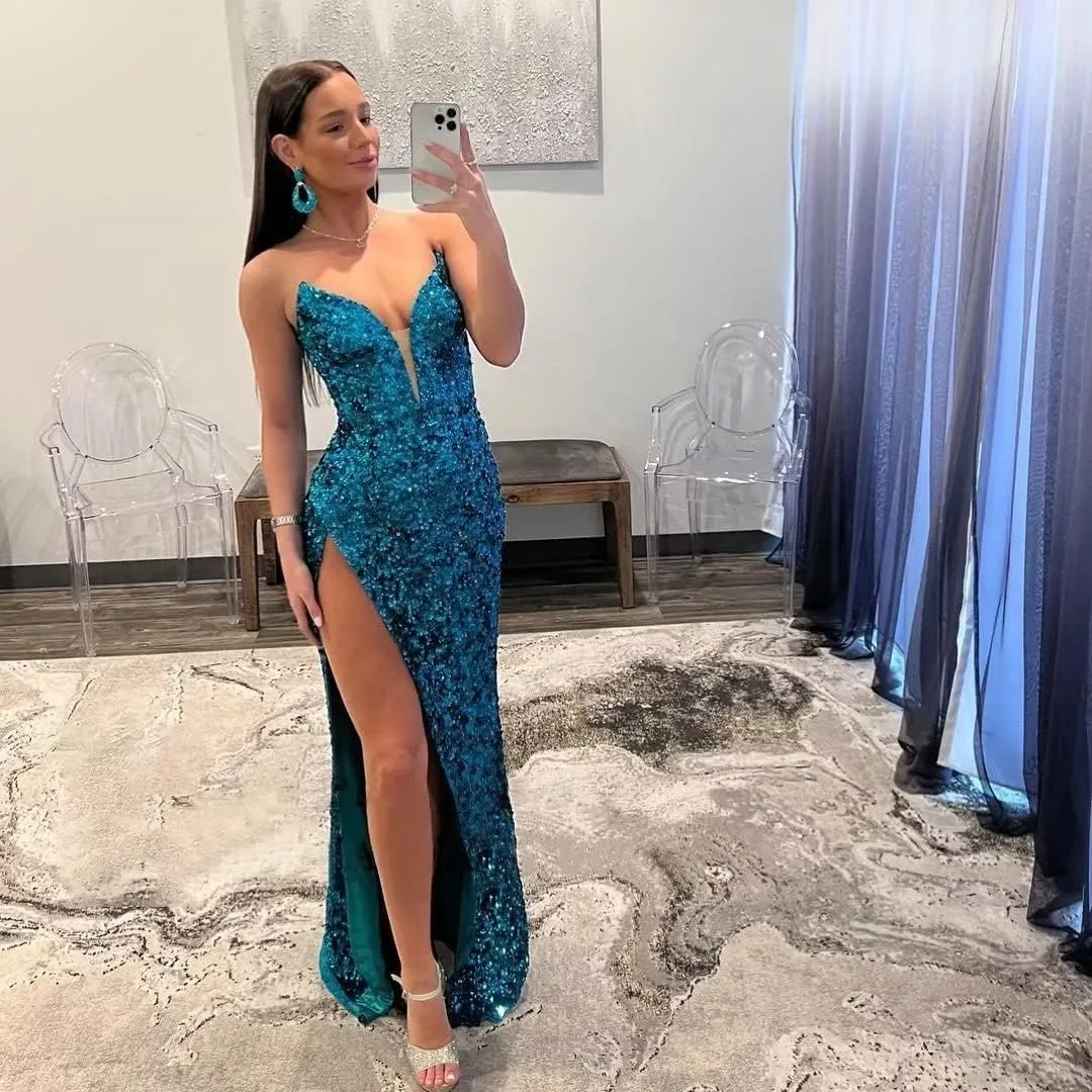 Sparkly Sequin Prom Dresses for Women Long Fitted with Split Cross Back Bodycon Fromal Evening Gowns