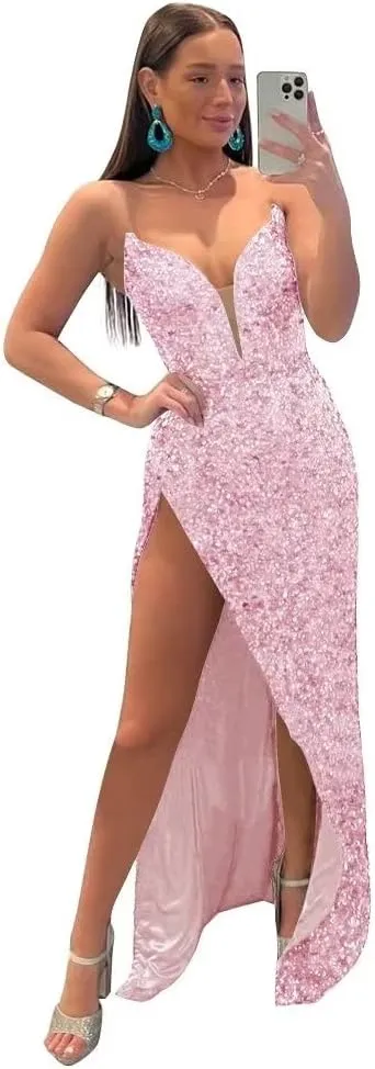 Sparkly Sequin Prom Dresses for Women Long Fitted with Split Cross Back Bodycon Fromal Evening Gowns