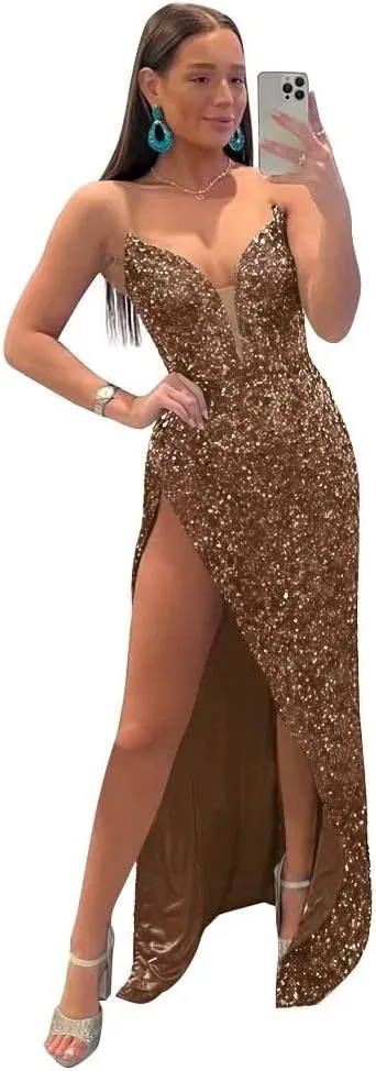 Sparkly Sequin Prom Dresses for Women Long Fitted with Split Cross Back Bodycon Fromal Evening Gowns