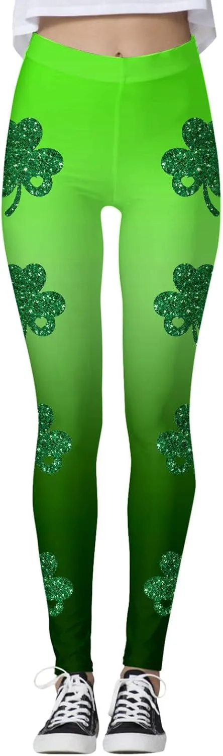 St Patricks Day Leggings for Women High Waist Green Clover Leaves Leggings Lucky Irish Shamrock Tights Soft Yoga Pants