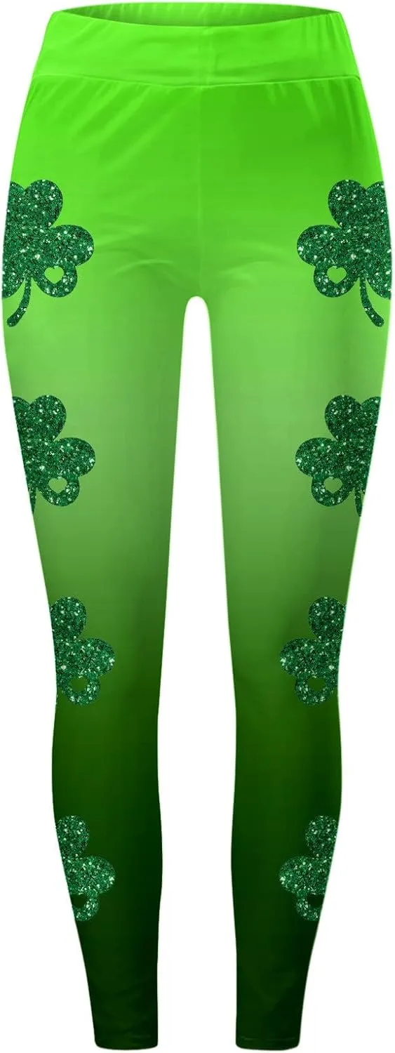 St Patricks Day Leggings for Women High Waist Green Clover Leaves Leggings Lucky Irish Shamrock Tights Soft Yoga Pants
