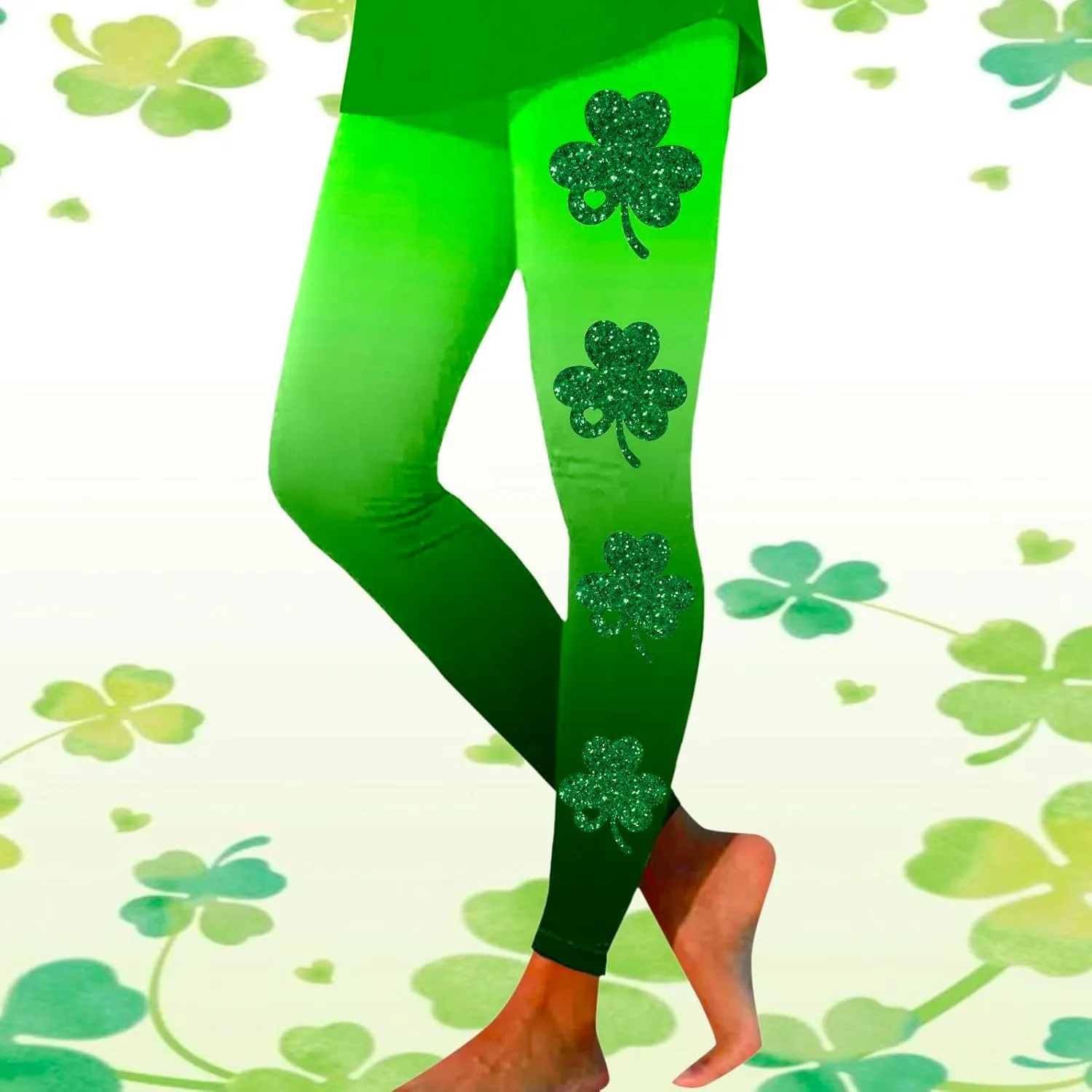 St Patricks Day Leggings for Women High Waist Green Clover Leaves Leggings Lucky Irish Shamrock Tights Soft Yoga Pants