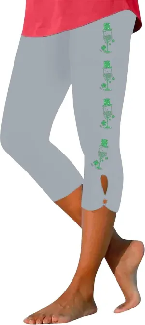 St Patricks Day Leggings for Women Shamrock Irish Outfit Capri Stretchy Casual High Waist Irish Green Yoga Workout Pants