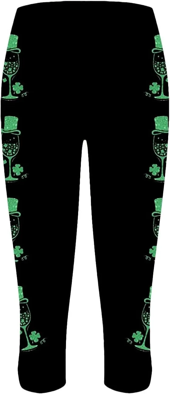 St Patricks Day Leggings for Women Shamrock Irish Outfit Capri Stretchy Casual High Waist Irish Green Yoga Workout Pants