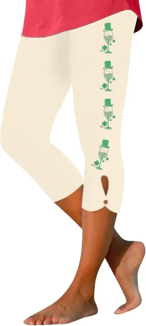 St Patricks Day Leggings for Women Shamrock Irish Outfit Capri Stretchy Casual High Waist Irish Green Yoga Workout Pants