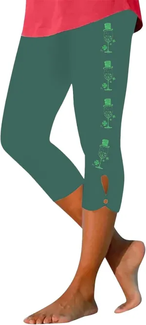 St Patricks Day Leggings for Women Shamrock Irish Outfit Capri Stretchy Casual High Waist Irish Green Yoga Workout Pants
