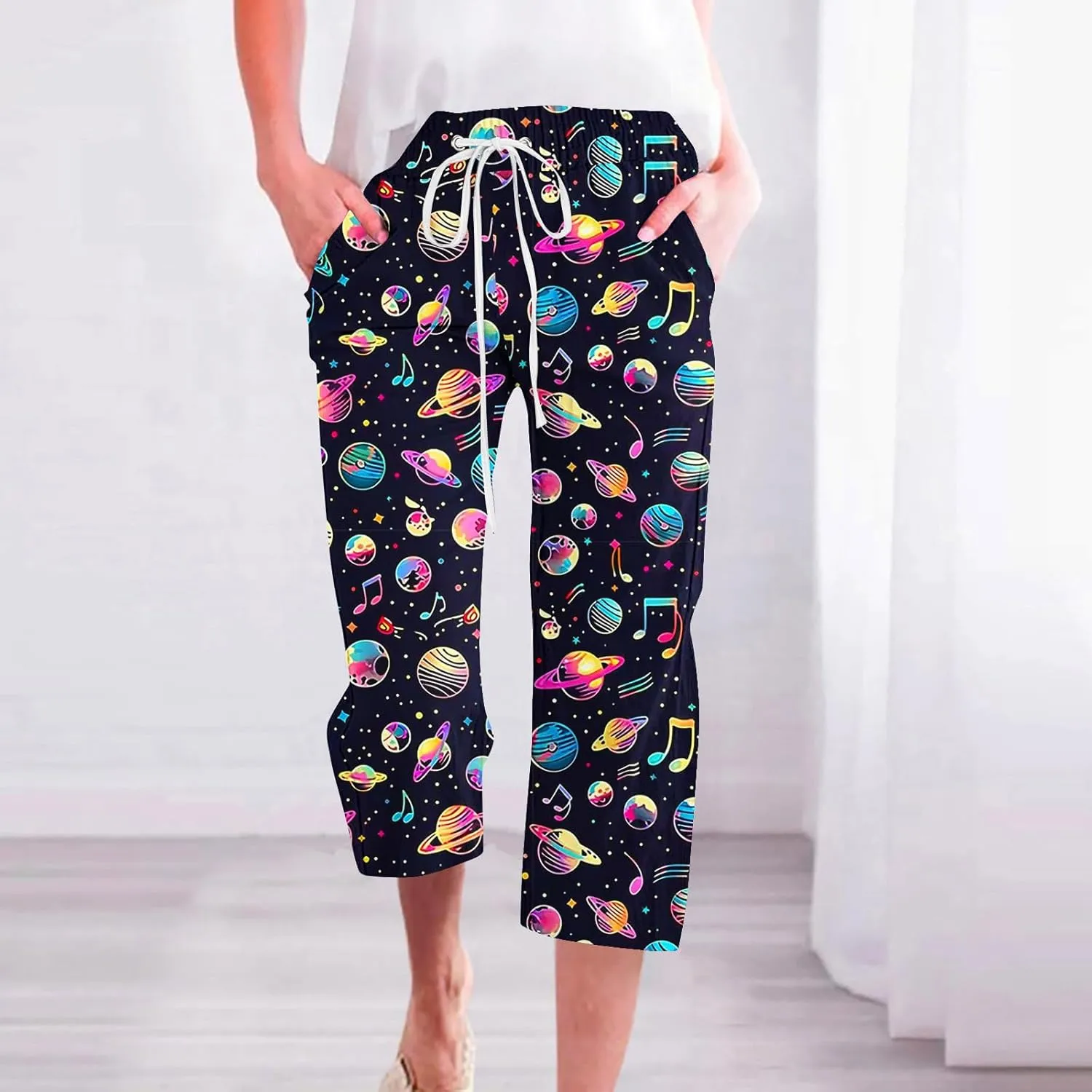Star Universe Printed Capri Pants for Women Drawstring Straight Wide Leg Pant High Waist Casual Beach Trousers Lounge