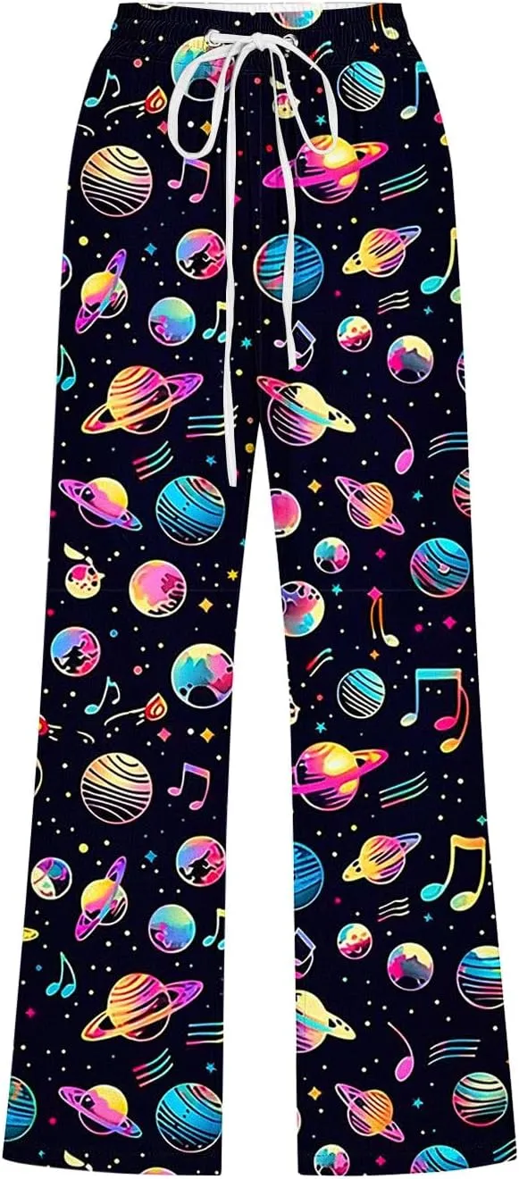 Star Universe Printed Capri Pants for Women Drawstring Straight Wide Leg Pant High Waist Casual Beach Trousers Lounge
