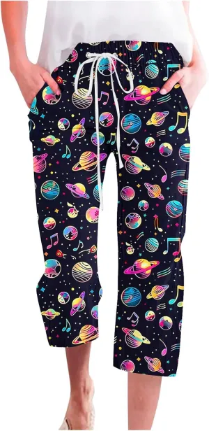 Star Universe Printed Capri Pants for Women Drawstring Straight Wide Leg Pant High Waist Casual Beach Trousers Lounge