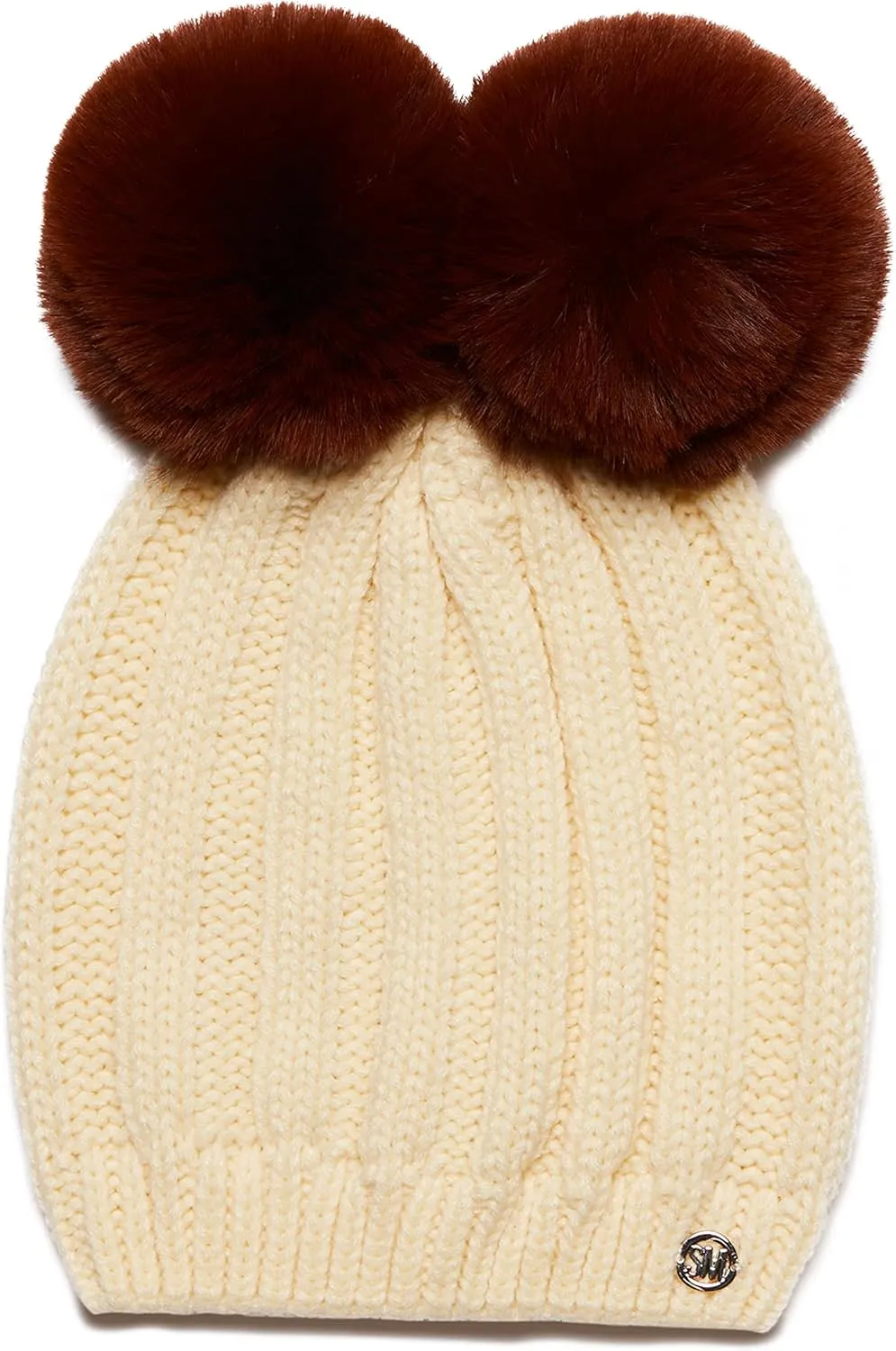 Steve Madden Women's Double Pom Chunky Ribbed Knit Beanie