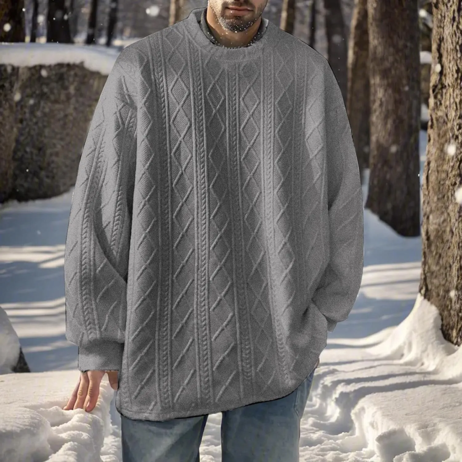 SUWBMHWE Men's Long Sleeve Cable Knit Pullover Sweater Fisherman Twist Patterned Crewneck Casual Tops Sweater