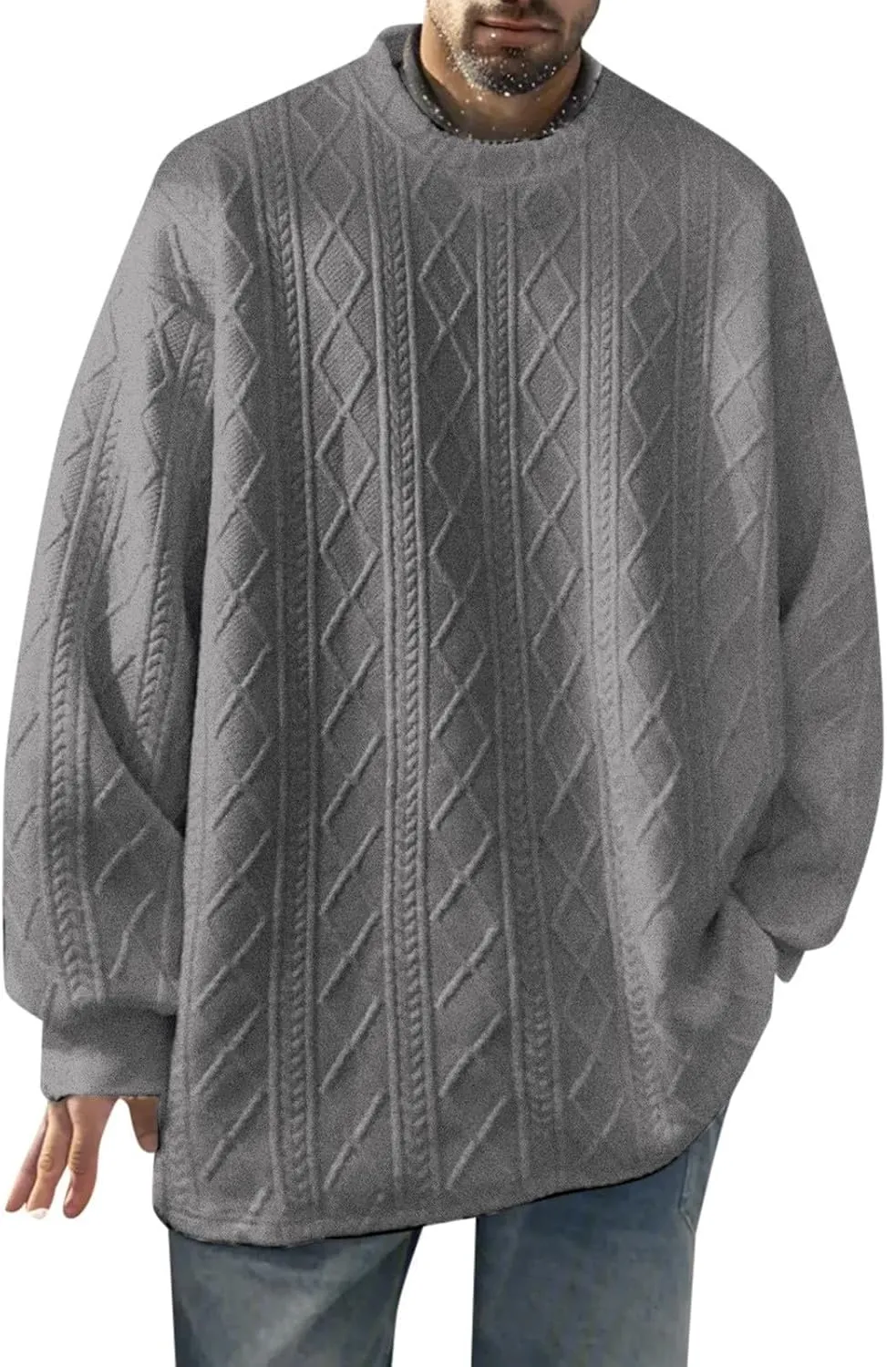 SUWBMHWE Men's Long Sleeve Cable Knit Pullover Sweater Fisherman Twist Patterned Crewneck Casual Tops Sweater