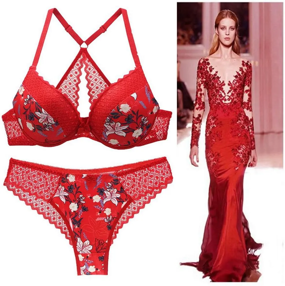 Swbreety Women's Bra and Panty Sets Floral Lace Lingerie Cross Back Underwire Push Up Bras