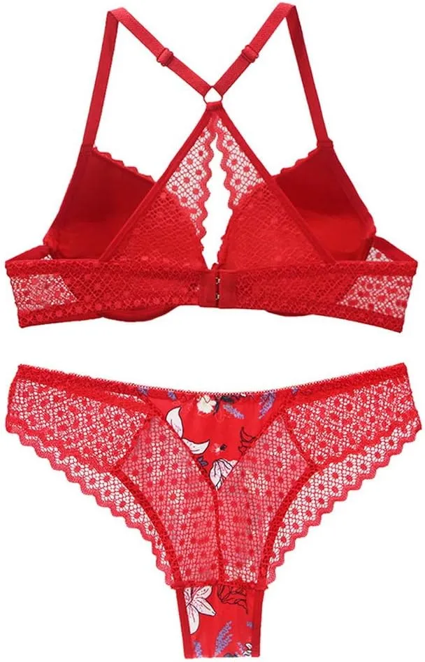 Swbreety Women's Bra and Panty Sets Floral Lace Lingerie Cross Back Underwire Push Up Bras